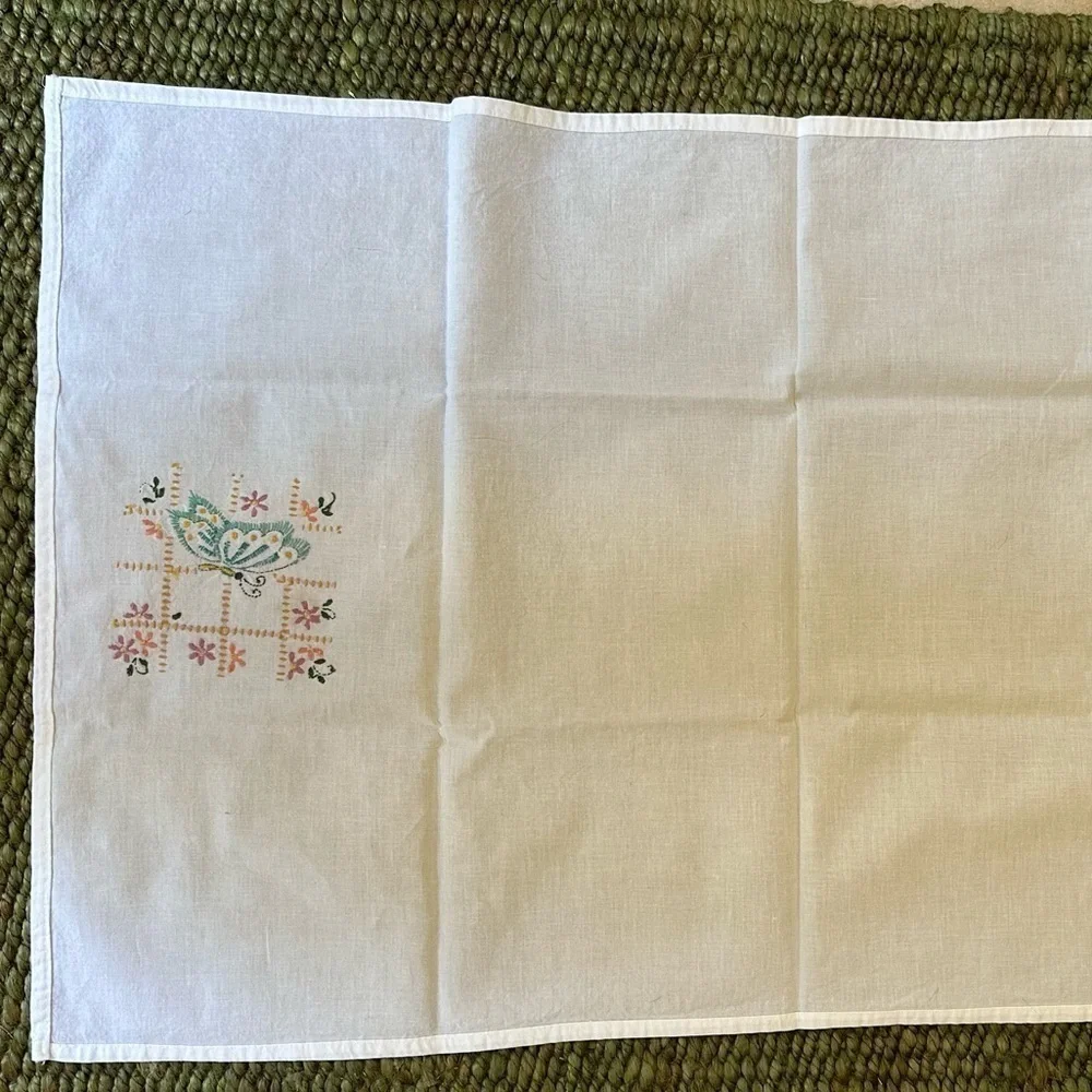Hand Embroidered Flour Sack Tea Dish Towel Butterfly Floral Cottagecore
